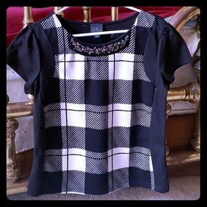Jeweled neck plaid and solid top